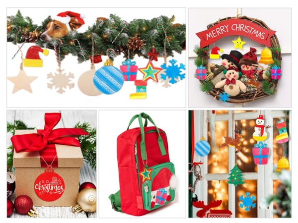 Kellegour 100 pcs Noël Ornements en Bois,avec Ficelle,Decoration Sapin Bois Ornements Pendentif Suspension Decorations de Noël,Diverses Formes Classiques de Noël,Bricolage de Noel