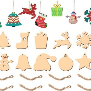 Kellegour 100 pcs Noël Ornements en Bois,avec Ficelle,Decoration Sapin Bois Ornements Pendentif Suspension Decorations de Noël,Diverses Formes Classiques de Noël,Bricolage de Noel
