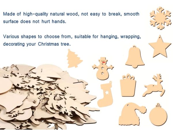 Kellegour 100 pcs Noël Ornements en Bois,avec Ficelle,Decoration Sapin Bois Ornements Pendentif Suspension Decorations de Noël,Diverses Formes Classiques de Noël,Bricolage de Noel