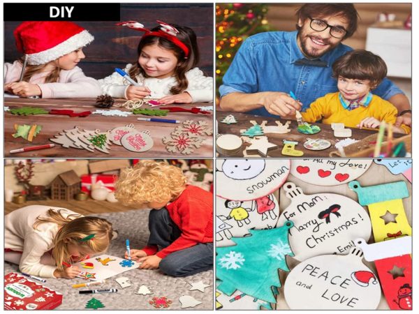 Kellegour 100 pcs Noël Ornements en Bois,avec Ficelle,Decoration Sapin Bois Ornements Pendentif Suspension Decorations de Noël,Diverses Formes Classiques de Noël,Bricolage de Noel