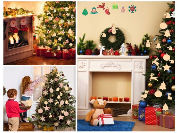 Kellegour 100 pcs Noël Ornements en Bois,avec Ficelle,Decoration Sapin Bois Ornements Pendentif Suspension Decorations de Noël,Diverses Formes Classiques de Noël,Bricolage de Noel