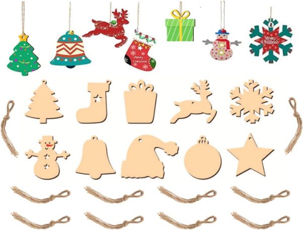 Kellegour 100 pcs Noël Ornements en Bois,avec Ficelle,Decoration Sapin Bois Ornements Pendentif Suspension Decorations de Noël,Diverses Formes Classiques de Noël,Bricolage de Noel