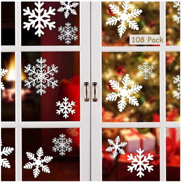 Lynlon Lot de 108 flocons de neige amovibles en PVC statique pour décoration de fenêtre de Noël, portes, vitrines, façades en verre