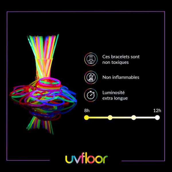 UV FLOOR - Lot De 100 Bracelets Fluorescent Lumineux + 100 Connecteurs - Qualité Premium - Accessoire Lumineux - Fluorescent - Fête - Déguisement - Mix De Couleurs Assorties