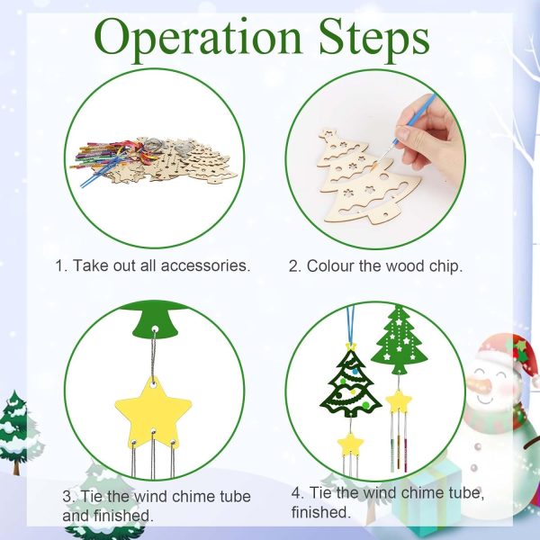 WEDNOK 12Pcs Bricolage Carillon Arbre Noël Ajouré en Bois Carillons Arbre Noël Décorations Suspendues d'hiver pour Enfants Noël Décoration Jeux Party Jardin Maison Anniversaire...
