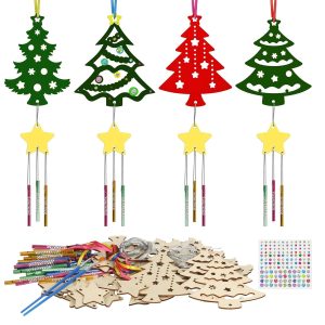 WEDNOK 12Pcs Bricolage Carillon Arbre Noël Ajouré en Bois Carillons Arbre Noël Décorations Suspendues d'hiver pour Enfants Noël Décoration Jeux Party Jardin Maison Anniversaire...