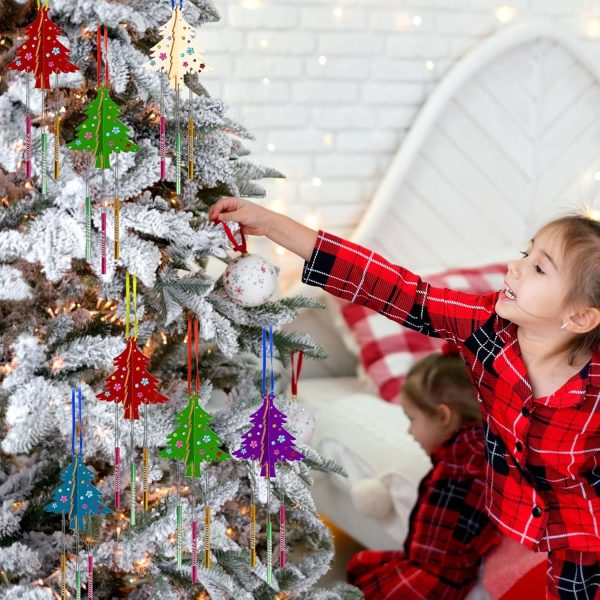 WEDNOK 12Pcs Bricolage Carillon Arbre Noël Ajouré en Bois Carillons Arbre Noël Décorations Suspendues d'hiver pour Enfants Noël Décoration Jeux Party Jardin Maison Anniversaire...