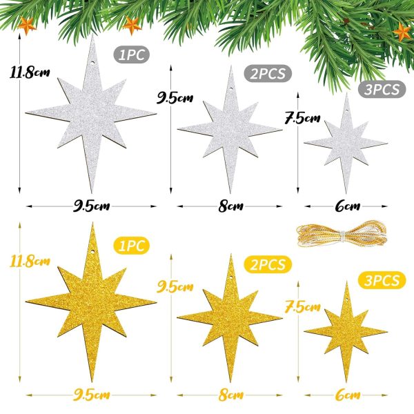 12pcs Étoiles à Suspendre Pailleté en Bois Pendentif de Noël Étoiles Scintillant Double Face Décorations Suspendues d'arbre de Noël Ornements