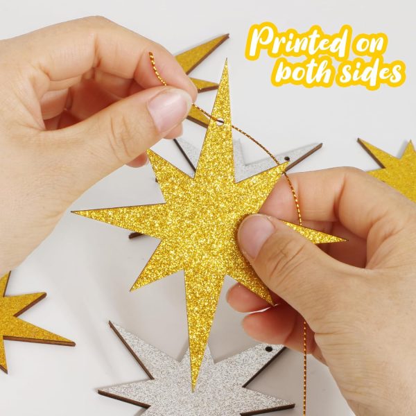 12pcs Étoiles à Suspendre Pailleté en Bois Pendentif de Noël Étoiles Scintillant Double Face Décorations Suspendues d'arbre de Noël Ornements