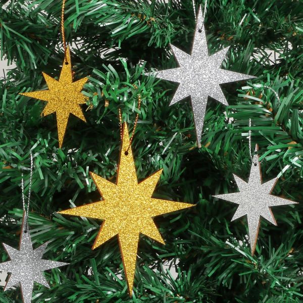 12pcs Étoiles à Suspendre Pailleté en Bois Pendentif de Noël Étoiles Scintillant Double Face Décorations Suspendues d'arbre de Noël Ornements