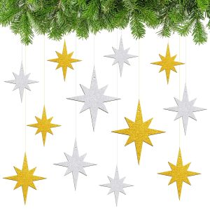 12pcs Étoiles à Suspendre Pailleté en Bois Pendentif de Noël Étoiles Scintillant Double Face Décorations Suspendues d'arbre de Noël Ornements