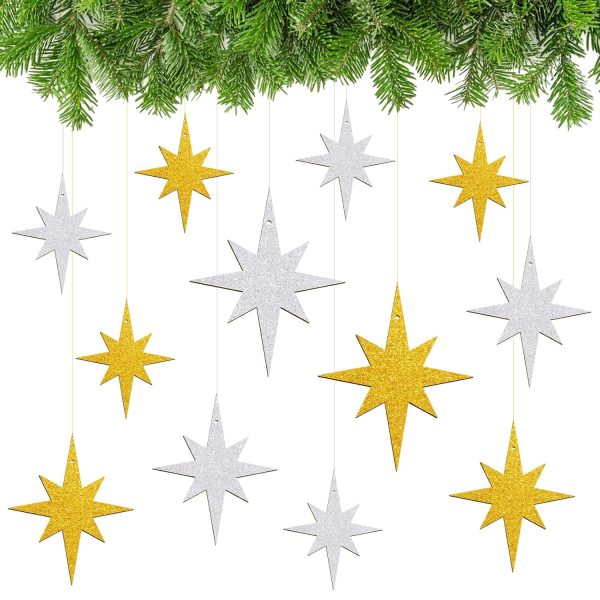 12pcs Étoiles à Suspendre Pailleté en Bois Pendentif de Noël Étoiles Scintillant Double Face Décorations Suspendues d'arbre de Noël Ornements