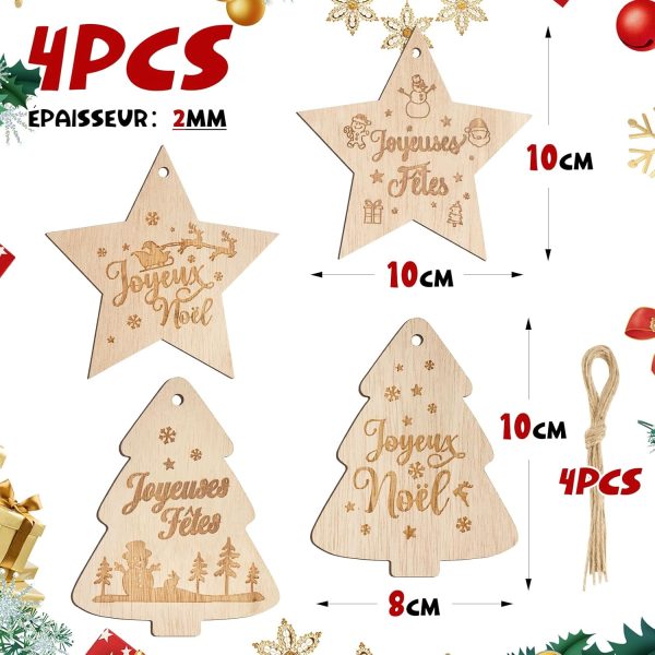 4pcs 10cm Décoration Sapin de Noël Étoile en Bois Boules Ornement Pendentifs Joyeux Embellissements Tranches Bonhomme de Neige Scrapbooking pour Fête Anniversaire Nouvel An