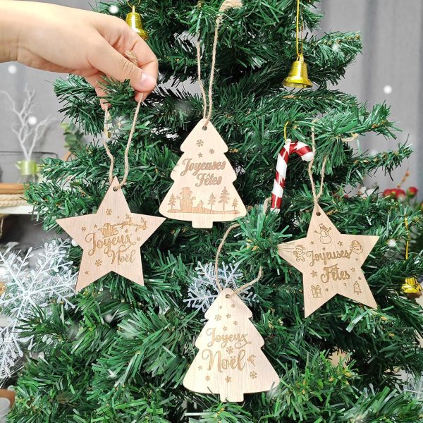 4pcs 10cm Décoration Sapin de Noël Étoile en Bois Boules Ornement Pendentifs Joyeux Embellissements Tranches Bonhomme de Neige Scrapbooking pour Fête Anniversaire Nouvel An