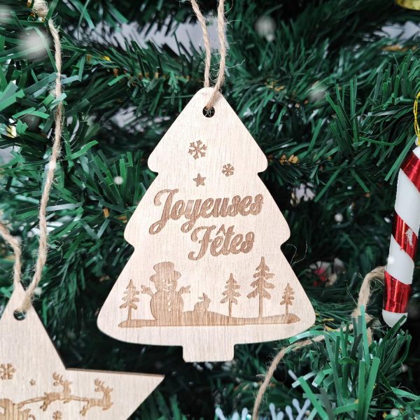 4pcs 10cm Décoration Sapin de Noël Étoile en Bois Boules Ornement Pendentifs Joyeux Embellissements Tranches Bonhomme de Neige Scrapbooking pour Fête Anniversaire Nouvel An
