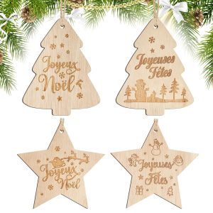 4pcs 10cm Décoration Sapin de Noël Étoile en Bois Boules Ornement Pendentifs Joyeux Embellissements Tranches Bonhomme de Neige Scrapbooking pour Fête Anniversaire Nouvel An