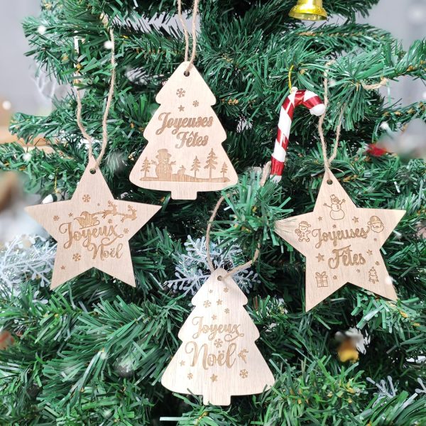 4pcs 10cm Décoration Sapin de Noël Étoile en Bois Boules Ornement Pendentifs Joyeux Embellissements Tranches Bonhomme de Neige Scrapbooking pour Fête Anniversaire Nouvel An