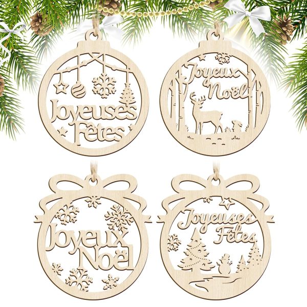 4pcs 10cm Décoration Sapin de Noël Étoile en Bois Boules Ornement Pendentifs Joyeux Embellissements Tranches Bonhomme de Neige Scrapbooking pour Fête Anniversaire Nouvel An