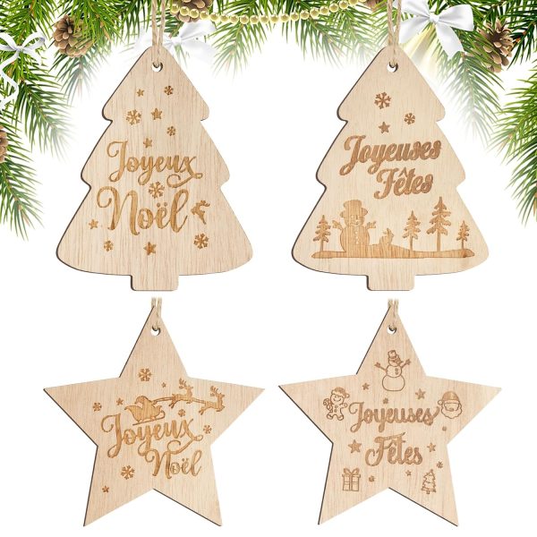 4pcs 10cm Décoration Sapin de Noël Étoile en Bois Boules Ornement Pendentifs Joyeux Embellissements Tranches Bonhomme de Neige Scrapbooking pour Fête Anniversaire Nouvel An