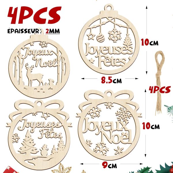 4pcs 10cm Décoration Sapin de Noël Étoile en Bois Boules Ornement Pendentifs Joyeux Embellissements Tranches Bonhomme de Neige Scrapbooking pour Fête Anniversaire Nouvel An