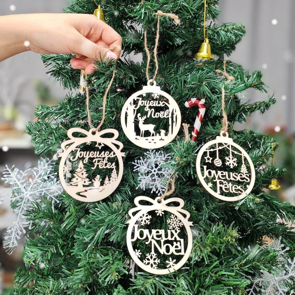 4pcs 10cm Décoration Sapin de Noël Étoile en Bois Boules Ornement Pendentifs Joyeux Embellissements Tranches Bonhomme de Neige Scrapbooking pour Fête Anniversaire Nouvel An