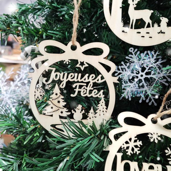 4pcs 10cm Décoration Sapin de Noël Étoile en Bois Boules Ornement Pendentifs Joyeux Embellissements Tranches Bonhomme de Neige Scrapbooking pour Fête Anniversaire Nouvel An