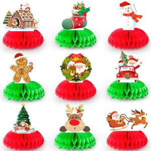 Honeycomb Christmas Table Centerpieces, 9pcs Honeycomb Christmas Ornament, Christmas Honeycomb Table Center&3D Centre Decoration Christmas Honeycomb with Santa Claus, Reindeer,...