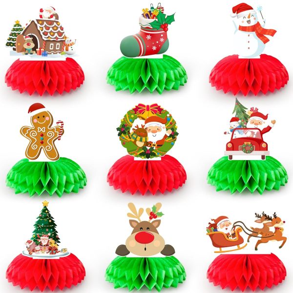 Honeycomb Christmas Table Centerpieces, 9pcs Honeycomb Christmas Ornament, Christmas Honeycomb Table Center&3D Centre Decoration Christmas Honeycomb with Santa Claus, Reindeer,...