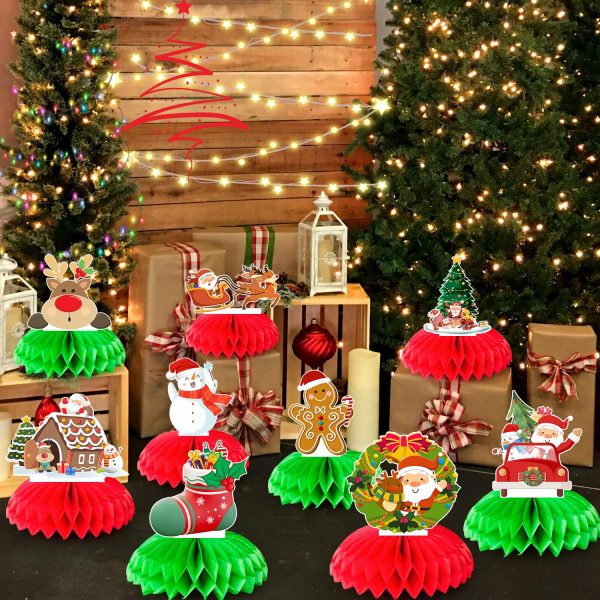 Honeycomb Christmas Table Centerpieces, 9pcs Honeycomb Christmas Ornament, Christmas Honeycomb Table Center&3D Centre Decoration Christmas Honeycomb with Santa Claus, Reindeer,...