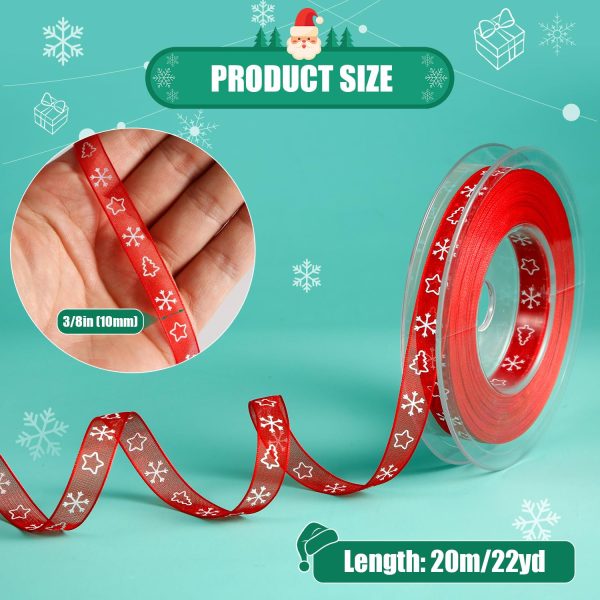 Christmas Ribbon, 20 m x 1 cm Narrow Ribbon Christmas Tree Ribbon Snowflake White Ribbon for Gift Wrapping Craft Wreath Making Winter Holiday Christmas Decoration (Red)