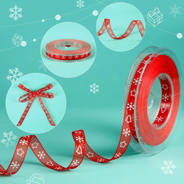 Christmas Ribbon, 20 m x 1 cm Narrow Ribbon Christmas Tree Ribbon Snowflake White Ribbon for Gift Wrapping Craft Wreath Making Winter Holiday Christmas Decoration (Red)