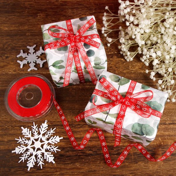 Christmas Ribbon, 20 m x 1 cm Narrow Ribbon Christmas Tree Ribbon Snowflake White Ribbon for Gift Wrapping Craft Wreath Making Winter Holiday Christmas Decoration (Red)