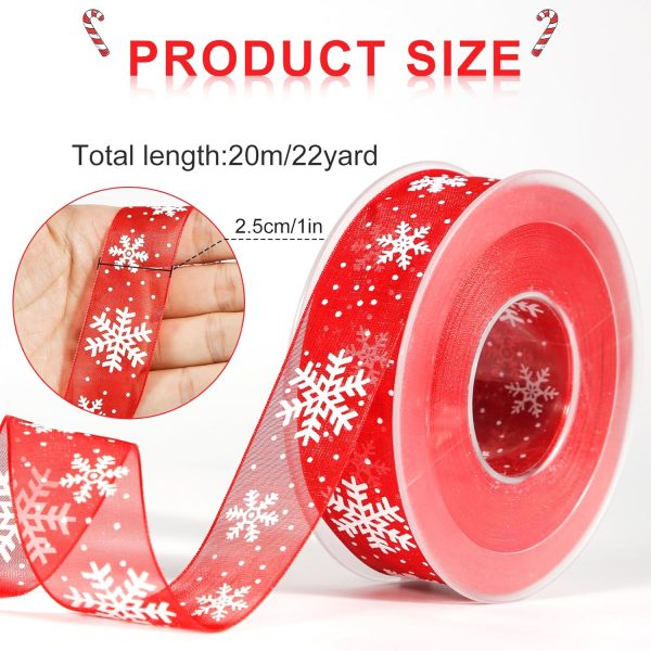 Christmas Ribbon 20 m x 25 mm, Red Snowflake Christmas Ribbon for Gift Wrapping, Crafts, Winter Holidays, Christmas Decoration