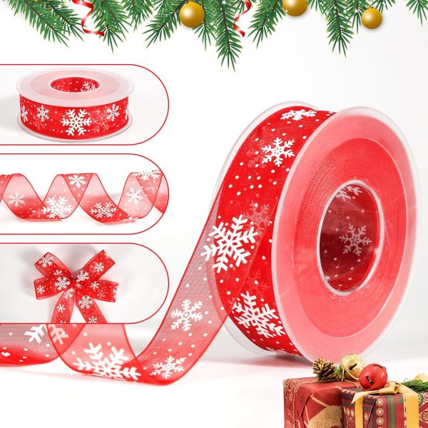Christmas Ribbon 20 m x 25 mm, Red Snowflake Christmas Ribbon for Gift Wrapping, Crafts, Winter Holidays, Christmas Decoration