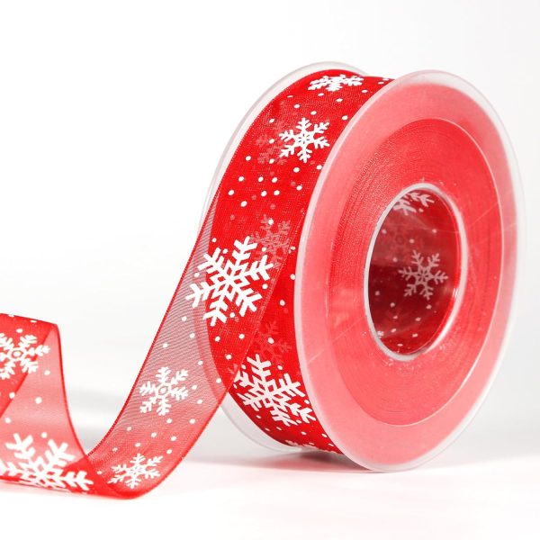 Christmas Ribbon 20 m x 25 mm, Red Snowflake Christmas Ribbon for Gift Wrapping, Crafts, Winter Holidays, Christmas Decoration