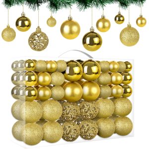 MTSCE 100 Pieces Gold Christmas Baubles in 10 Types, Unbreakable Plastic Christmas Tree Decoration Reusable