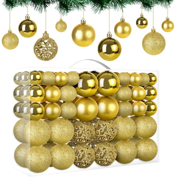 MTSCE 100 Pieces Gold Christmas Baubles in 10 Types, Unbreakable Plastic Christmas Tree Decoration Reusable
